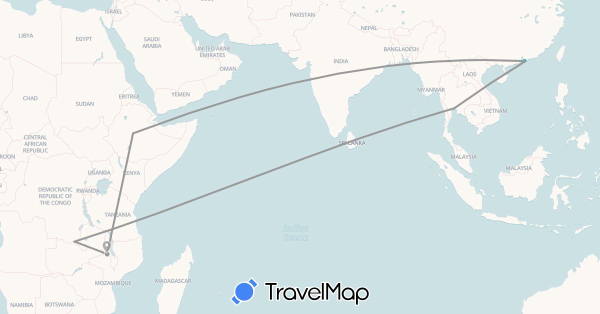TravelMap itinerary: driving, bus, plane, boat in Democratic Republic of the Congo, China, Ethiopia, Malawi, Thailand (Africa, Asia)