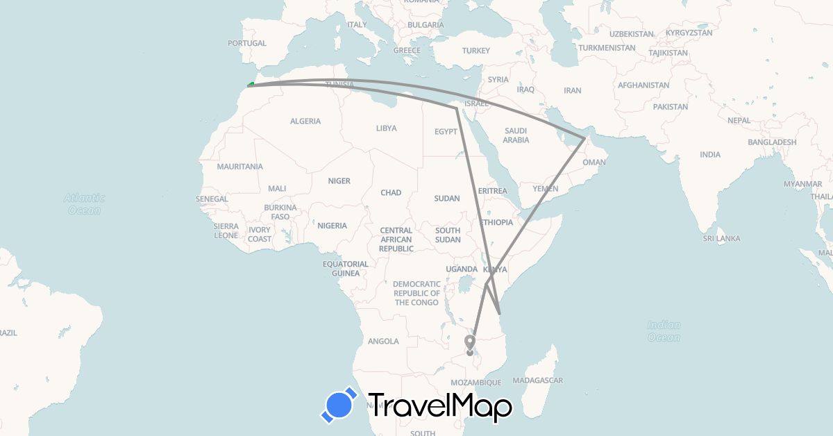 TravelMap itinerary: driving, bus, plane in United Arab Emirates, Egypt, Kenya, Morocco, Malawi, Tanzania (Africa, Asia)